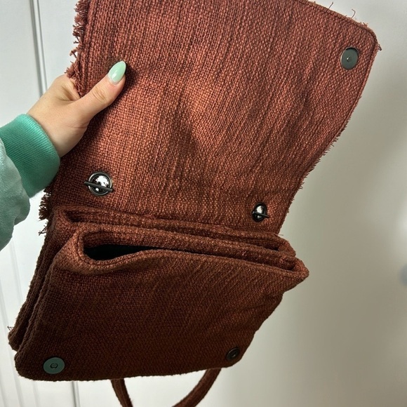 Zara Burnt Orange Fringed Fabric Crossbody Shoulder Bag Chain Woven Boho Purse - Picture 5 of 11
